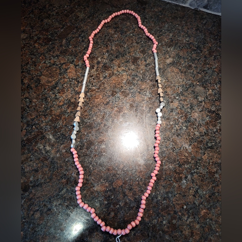 Wooden Beaded Necklace, Pink, Silver, Brown Painted Beads - Picture 2 of 5